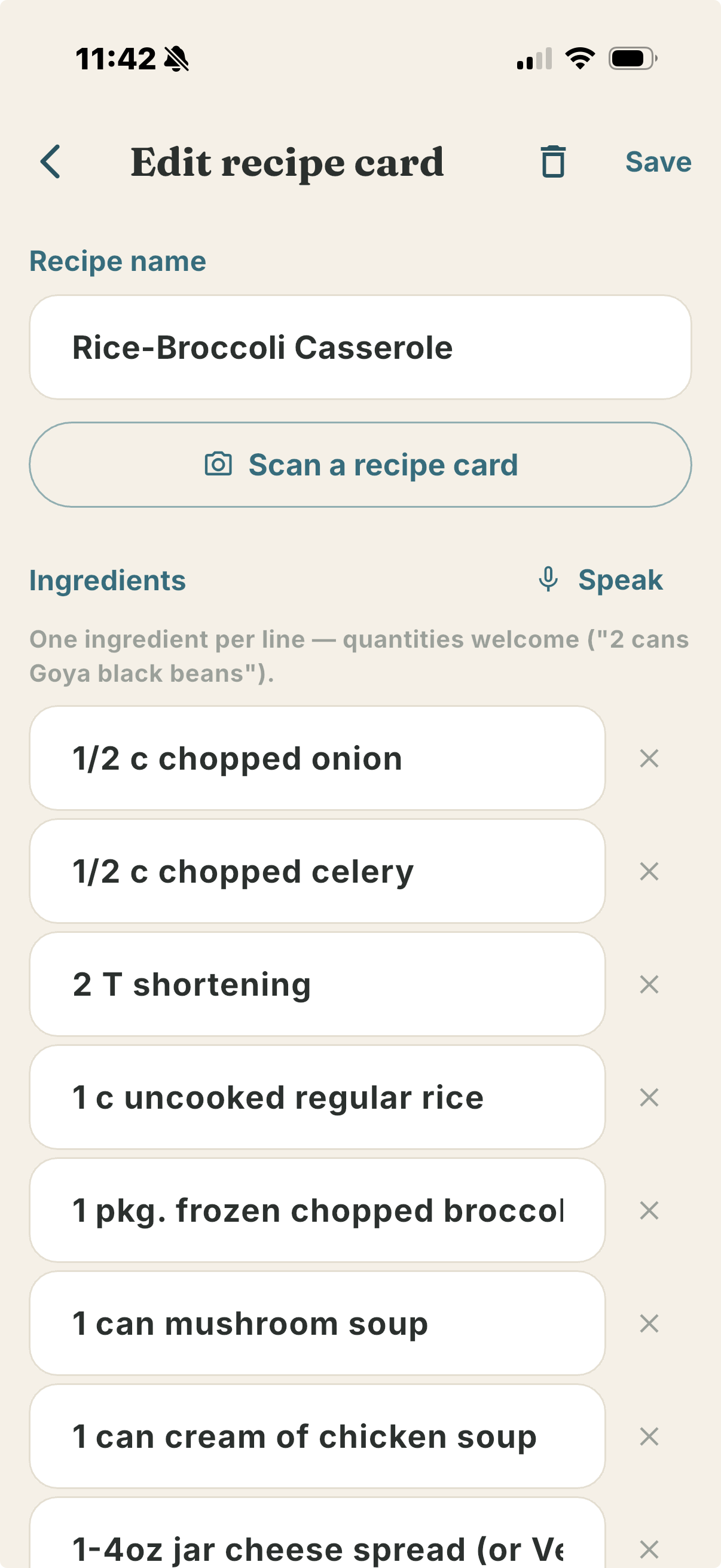 Sage reading ingredients from a handwritten recipe card